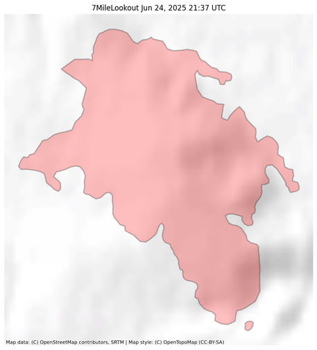 Visual map representation of the 7MileLookout wildfire, showing the perimeters of the 1438.3317804566445 acre fire on a map.