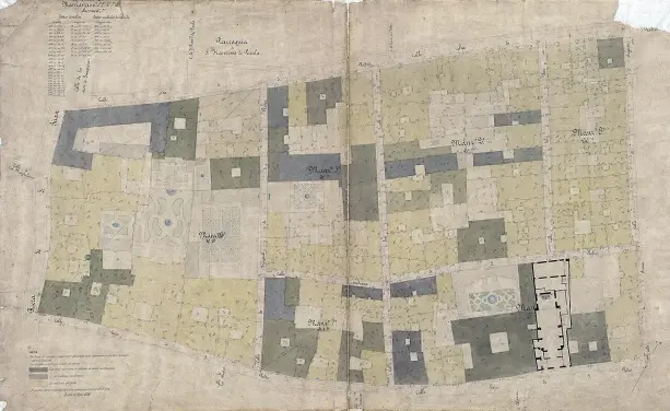The image appears to be a historical map or property survey, likely depicting land plots or parcels in a specific area. It includes detailed outlines of various properties, possibly denoting ownership or land use. The map may feature different colors or shades to indicate various land types (such as residential, agricultural, or commercial), and it includes labels and possibly a legend for reference. The style and details suggest it is an older document, likely drawn by hand.

Image Credits: Wikimedia / Miquel Garriga i Roca / Public domain
