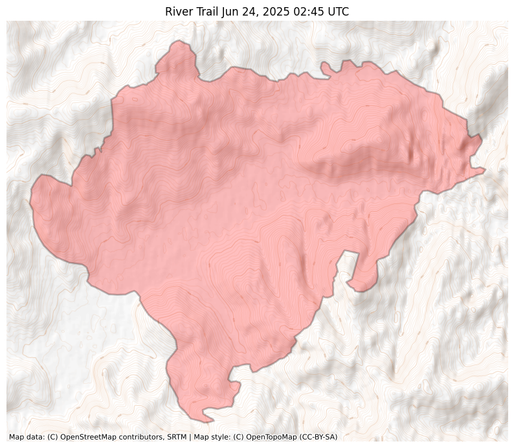 Visual map representation of the River Trail wildfire, showing the perimeters of the 19938.628398475666 acre fire on a map.