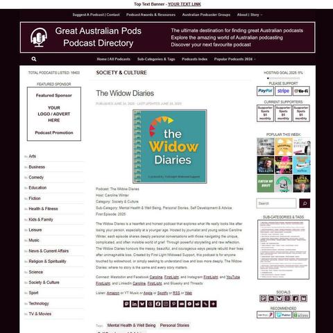 The Widow Diaries
Screenshot of the podcast listing on the Great Australian Pods website