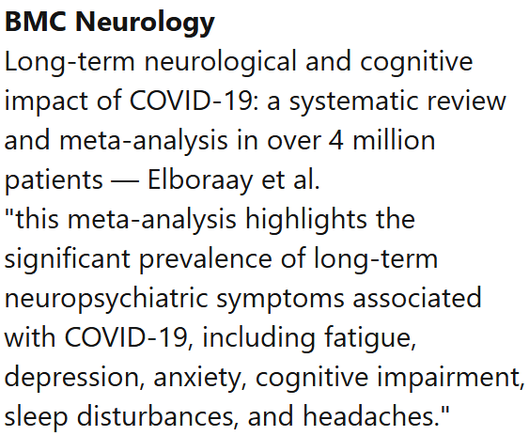 BMC Neurology
Long-term neurological and cognitive impact of COVID-19: a systematic review and meta-analysis in over 4 million patients — Elboraay et al.
"this meta-analysis highlights the significant prevalence of long-term neuropsychiatric symptoms associated with COVID-19, including fatigue, depression, anxiety, cognitive impairment, sleep disturbances, and headaches."