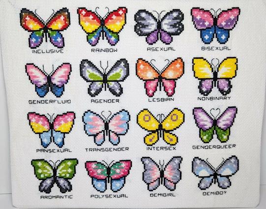 A cross-stitch piece illustration all the LGBTQ flags in the shapes and designs as butterflies.