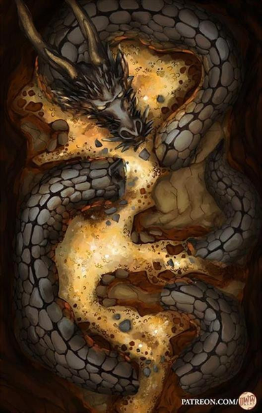 Dead Dragon Lair Battle Map by Domille's Wondrous Works. It features a cavern with a dead dragon lying in segments around its hoard of gold.