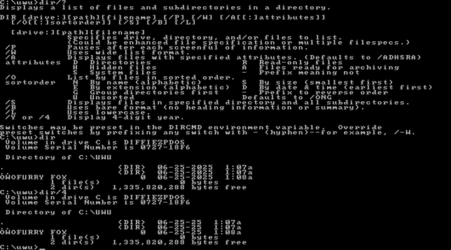 DIR command help followed by directory listing of C:\UWU, where is a file OWOFURRY.FOX, without and with the option /4 in VGA 80×50 text mode.