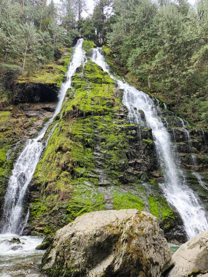 Waterfall cascading down a moss-covered rocky cliff surrounded by lush green trees. The water splits into two streams as it flows over the bright green moss, converging into a pool at the base. Large rocks are visible in the foreground, and the surrounding area is forested with a mix of tall trees.
