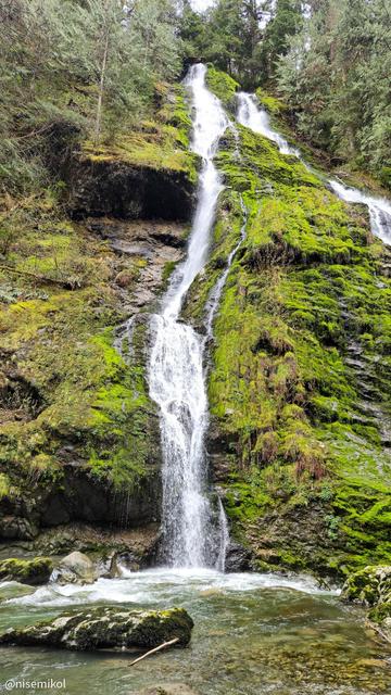 Waterfall cascading down a moss-covered cliff in a forest setting. The water flows over rocks into a small pool surrounded by green vegetation and trees. Rocks with moss are visible at the base of the waterfall.