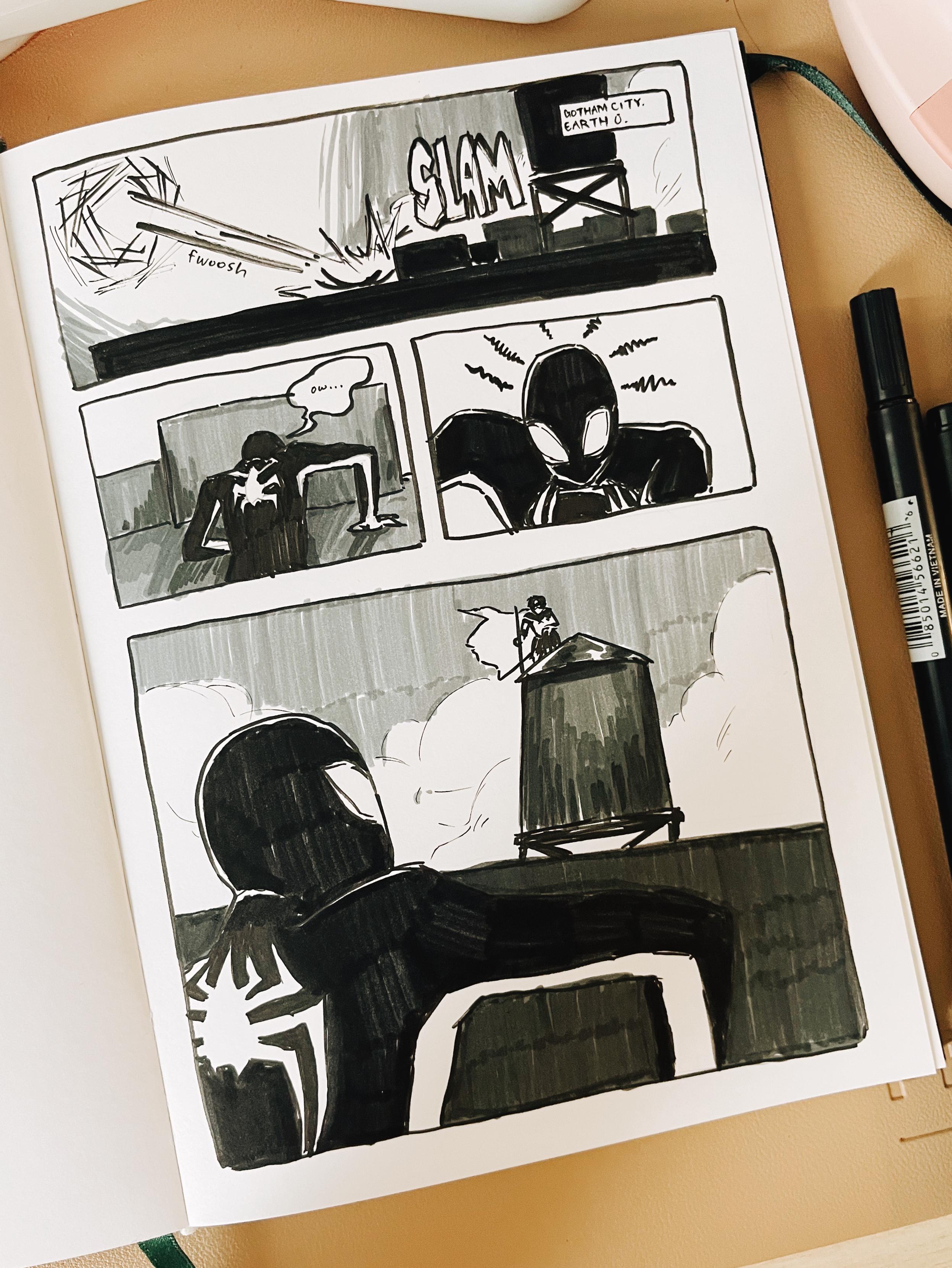 Four panel comic. 1) a portal opens above a rooftop and sends a figure slamming into the surface. The location: Gotham, Earth 0. 2) Spider-Man (Miles) struggles to get up. 3) He senses something. 4) Miles looks up to see a Robin perched on the water tower, looking down at him.