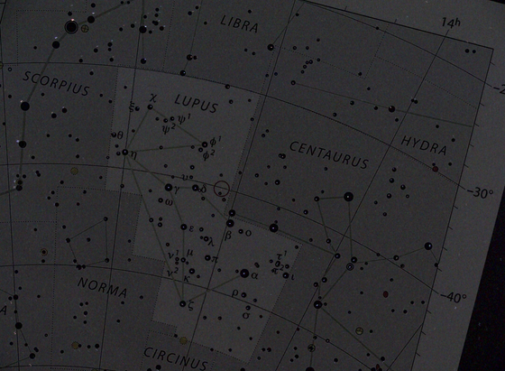 The same picture as before with an overlay map of the stars in the picture, with the V462 Lupi Nova highlighed. In the center of the circle the image my camera took shows the the nova faintly.