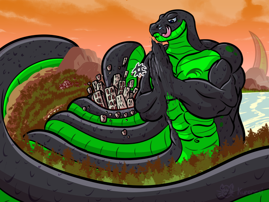 Nagol, once an anthropomorphic dragon, now surges as a giant muscular snake with a tail that eclipses horizons. Using his coils, he crushes an entire city like a snake would crush its prey, and rubs his hands together, licking his lips in anticipation.