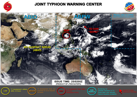 ABPW10 PGTW 250200
MSGID/GENADMIN/JOINT TYPHOON WRNCEN PEARL HARBOR HI//
SUBJ/SIGNIFICANT TROPICAL WEATHER ADVISORY FOR THE WESTERN AND SOUTH 
PACIFIC OCEANS REISSUED/250200Z-250600ZJUN2025//
REF/A/MSG/JOINT TYPHOON WRNCEN PEARL HARBOR HI/241951ZJUN2025//
REF/B/MSG/JOINT TYPHOON WRNCEN PEARL HARBOR HI/250151ZJUN2025//
NARR/REF A IS A TROPICAL CYCLONE WARNING. REF B IS A TROPICAL CYCLONE 
FORMATION ALERT.//
RMKS/
1. WESTERN NORTH PACIFIC AREA (180 TO MALAY PENINSULA):
   A. TROPICAL CYCLONE SUMMARY:
      (1) AT 24JUN25 1800Z, TROPICAL DEPRESSION 02W (SEPAT) WAS 
LOCATED NEAR 31.3N 139.8E, APPROXIMATELY 240 NM SOUTH OF YOKOSUKA, 
JAPAN, AND HAD TRACKED NORTH-NORTHWESTWARD AT 06 KNOTS OVER THE PAST 
SIX HOURS. MAXIMUM SUSTAINED SURFACE WINDS WERE ESTIMATED AT 30 KNOTS 
GUSTING TO 40 KNOTS. SEE REF A (WTPN31 PGTW 242100) FOR FURTHER 
DETAILS.
      (2) NO OTHER TROPICAL CYCLONES.
   B. TROPICAL DISTURBANCE SUMMARY:
      (1) THE AREA OF CONVECTION (INVEST 96W) PREVIOUSLY LOCATED NEAR 
14.4N 118.7E IS NOW LOCATED NEAR 17.7N 114.2E, APPROXIMATELY 303 NM 
EAST-SOUTHEAST OF HAIKOU. ANIMATED MULTISPECTRAL SATELLITE IMAGERY 
(MSI) DEPICTS A CONSOLIDATING LOW LEVEL CIRCULATION CENTER (LLCC) 
WITH DEEP CONVECTIVE ACTIVITY PERSISTING NEAR THE LLCC. THE LACK OF 
RECENT MICROWAVE IMAGERY OR SCATTEROMETER DATA PRECLUDE A HIGH 
CONFIDENCE ASSESSMENT OF THE PRECISE POSI