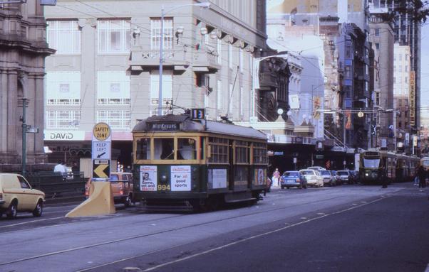 Today's historic pic: Exactly 36 years ago today, W6 class tram no 994 runs 'bang road' in Elizabeth St, Melbourne, June 25 1989.  Bang Road is an informal term used on some rail and tram networks around the world for running on the 'wrong' track, usually due to a disruption.