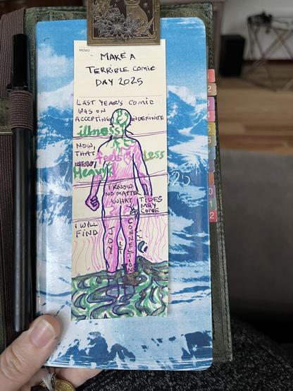 A comic drawn on a bookmark, that has a body divided horizontally into panels