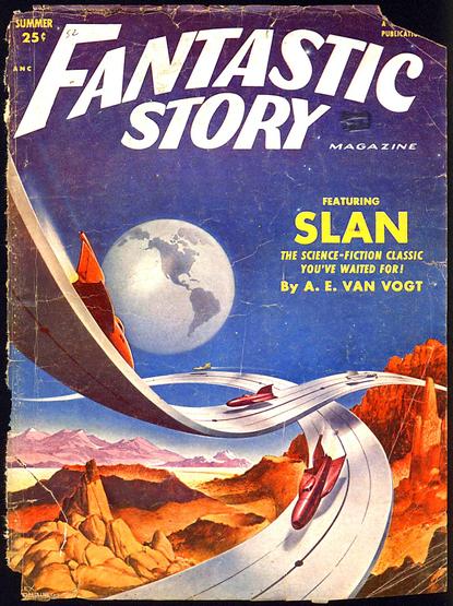 Two silvery curved roads, not supported by anything visible, swoop around each other with rocket-ship shaped vehicles moving along them. The landscape in the background is red, rocky and barren, and the earth is seen, grey coloured, in the sky.
Magazine cover from 1952.