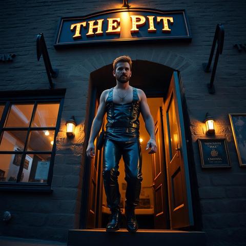 A dude in leather chaps leaves a seedy club called The Pit