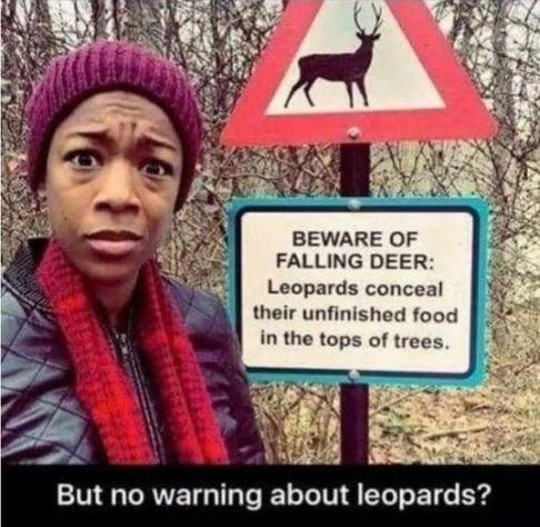 Meme with signs on a hiking trail pole. Next to the sign stands a visibly confused and astonished woman with furrowed brow. The top sign is a triangle with red trim and the icon of a deer. The sign below it reads, "Beware of falling deer: Leopards conceal their unfinished food in the tops of trees."

Below the photo, the meme caption reads, "But no warning about leopards?"