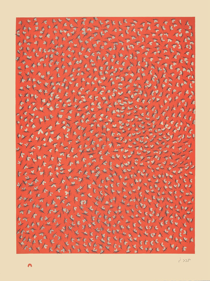 print in portrait orientation, illustration of a swarm of many small mosquitoes (black with white wings) filling the frame against a bright red background