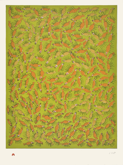 print in portrait orientation, illustration of a swarm of many small brown lice filling the frame against an olive green background