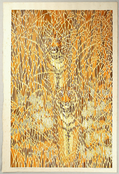 “Two tigers. They are nearly invisible in the high grass.” Japanese color woodblock print in portrait orientation, depiction of a pair of tigers in center of composition beautifully hidden in in a field of tall grass that matches their colors, faces peeking out and front of bodies visible (but well blended in)