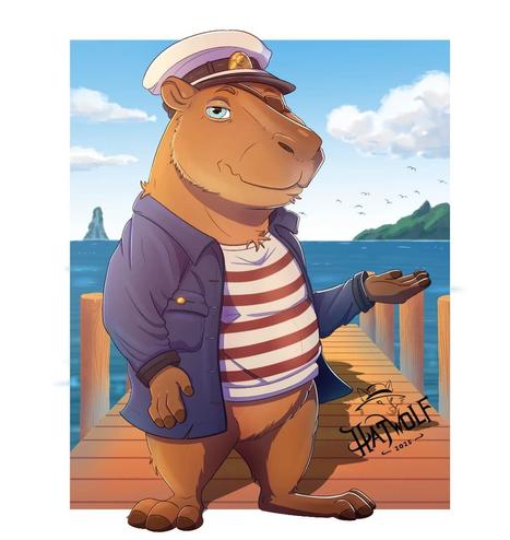 The drawing of Captain Bara made by HatWolf. Captain Bara stands upright on a dock. The sea is in the background. He is wearing a patch over his left eye and a captain's hat on the top of his head. He is also wearing a shirt with red and white horizontal stripes. He wears a thin blue coat over the shirt. He is not wearing any shoes. Scandalously, he is not wearing any pants!