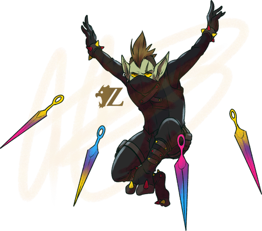 Rho, a slender half-goblin wearing a full-body rubber suit and face mask styled as adventurer gear, leaps into the air and tosses kunai in the colors of the pansexual pride flag towards the viewer. He has brown hair in a messy mohawk, glowing yellow eyes, and a scar crossing his left eye, spikes and studs on his suit additionally in the colors of the rubber pride flag.