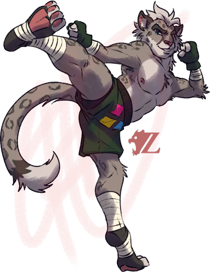 Tybern, a male anthropomorphic snow leopard, strikes his right leg out against an unseen opponent. He wears green gloves and shorts, the shorts with three diamonds in the colors of the pansexual pride flag, as well as wraps on his hands beneath the gloves, and wraps around his shins, calves, and feet.