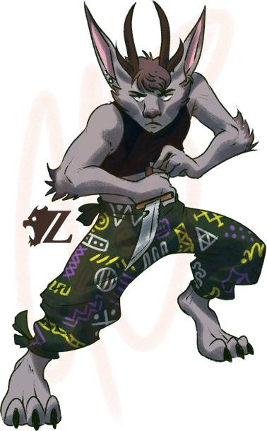 Kaelan, a nonbinary anthropomorphic gray jackalope, stares down the viewer as they crouch with a knife in hand. They wear a snug black crop-top on their chest, and a baggy pair of green so-ho pants with various scribbles and patterns in the colors of the nonbinary pride flag.