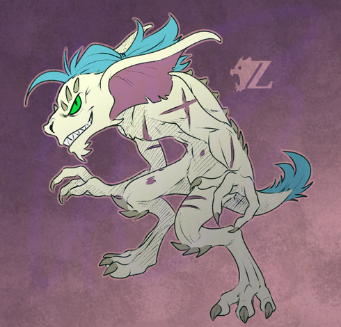 Zeiros has actually become a gremlin!? No longer is he a lion, but rather a hunched over and scrungly creature from the "Gremlins" film franchise. He has the same colors and scars, including a white body, blue hair tied back into a messy ponytail, and a tuft of blue fur on his tail. He looks to the viewer with a sideways glance from bright green eyes, grinning toothily as he is ready to cause some mischief.