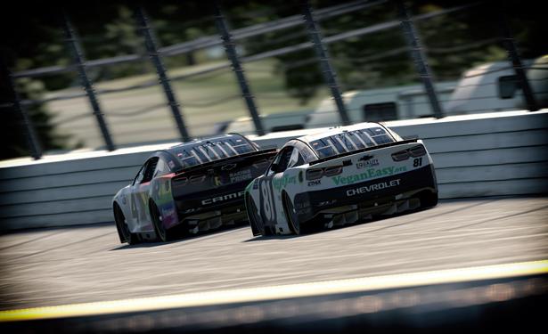 Simulated NASCAR sock cars on track. Focus on the number 81. White, green, and black color scheme. VeganEasy.org the primary sponsor.