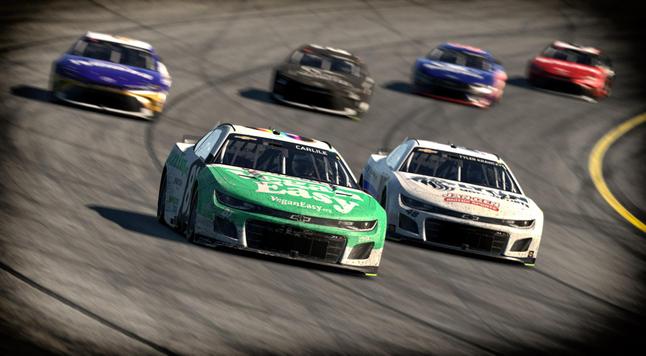 Simulated NASCAR sock cars on track. Focus on the number 81. White, green, and black color scheme. VeganEasy.org the primary sponsor.