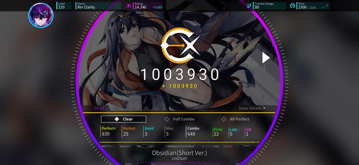 Rotaeno play result.
"Obsidian (Short Ver.)"; chart IV rated 11. 
1,003,930 points and rank EX. 
First try.