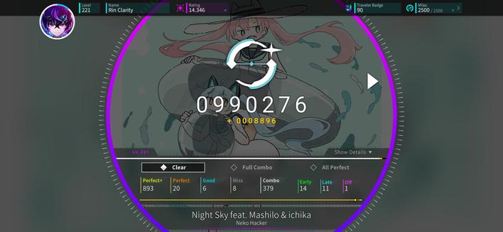 "Night Sky" by Neko Hacker feat. Mashilo & ichika; chart IV rated 11+. 
990,276 points and rank S+. 
Upscores by 8,896.