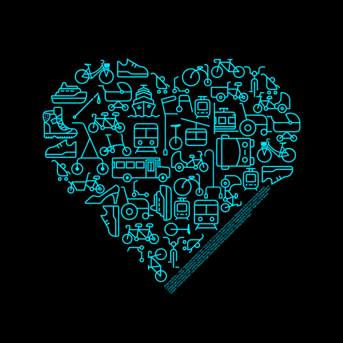 Graphic in light blue on a black background: Lots of line-based icons about active travel / public transport (different kind of bikes, buses, trams, ferries, wheelchairs, prams, walking aids, shoes etc.) form a big heart.