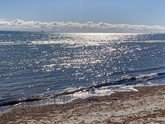 Glitzerndes Licht auf der Wasseroberfläche der Ostsee bis zum Horizont. In Ferne ein Segelboot und ein Wolkenstreifen mit klarer Begrenzung zum blauen Himmel. Im Vordergrund Sandstrand und eine leichte Welle.