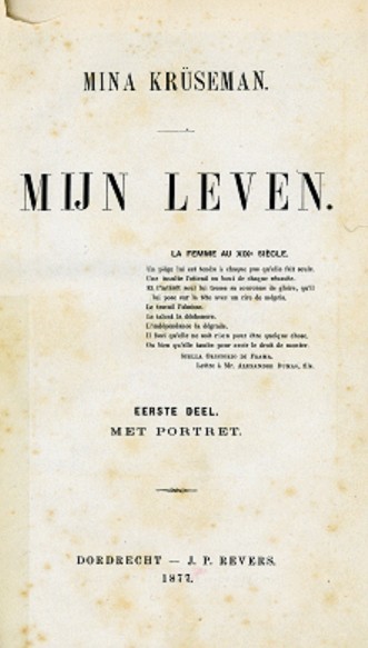 TItelpagina van de autobiografie "Mijn leven" van Mina Kruseman, 1877.