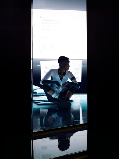 A young woman with dark skin, backlit by a large screen, sits cross legged on the floor looking to her left.
