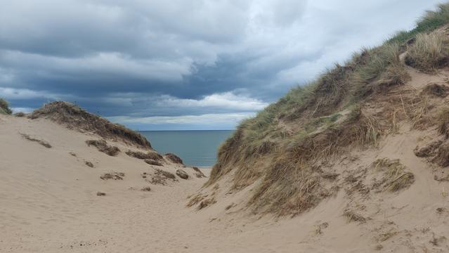 Sand dunes,  sea and cloudy sky at Lunan Bay