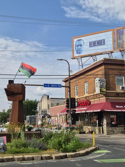 View of the memorials for George Floyd at Chicago Avenue between the East 37th and 39th Streets in the Powderhorn neighborhood of Minneapolis, Minnesota, USA 
https://en.m.wikipedia.org/wiki/George_Floyd_Square