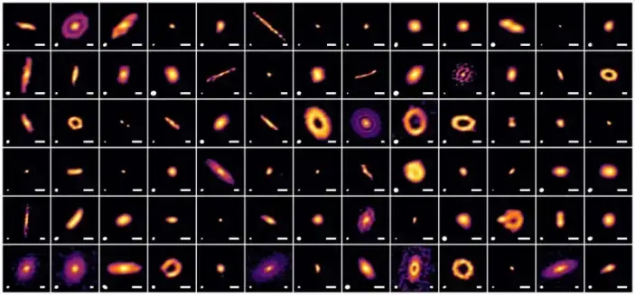New high-resolution images of protoplanetary disks in the Ophiuchus star-forming region, created with improved analysis. The resolution is shown by the white ellipse in the lower left of each panel, with a smaller ellipse indicating higher resolution. The white line in the lower right of each panel indicates a scale of 30 au. The evolution stage of the central stars progresses from left to right, and from top to bottom in the same row. Credit: ALMA(ESO/NAOJ/NRAO), A. Shoshi et al.