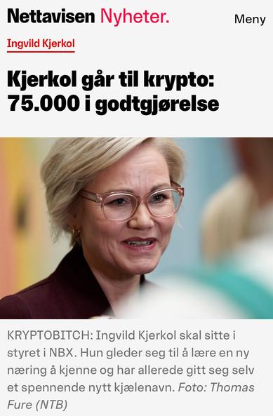Utklipp fra Nettavisen: Ingvild Kjerkol går til kryptobørsen NBX