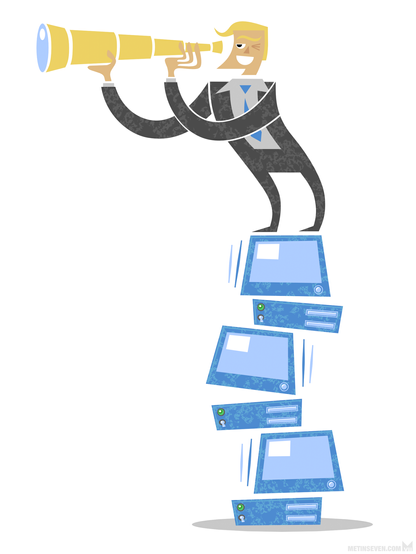 Stylized vector illustration, showing a businessman standing on a wobbly stack of computers, while looking into the distance through a telescope.