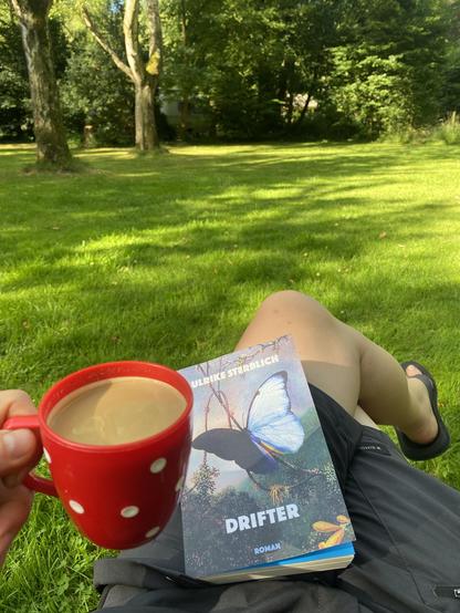 Mit Kaffee und Buch (Ulrike Sterblich, Drifter) auf die grüne Zeltwiese mit hohen Birken blickend
