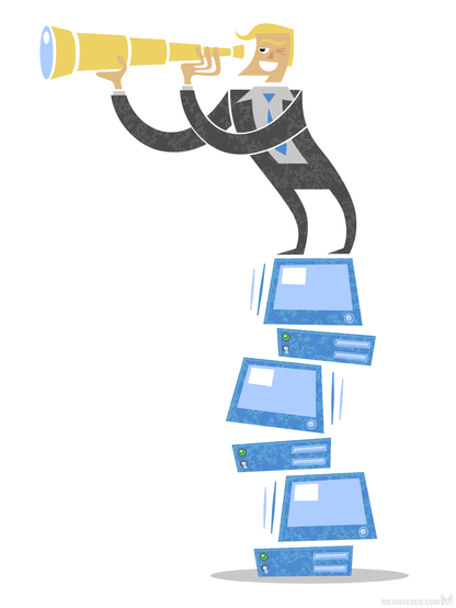Stylized vector illustration, showing a businessman standing on a wobbly stack of computers, while looking into the distance through a telescope.