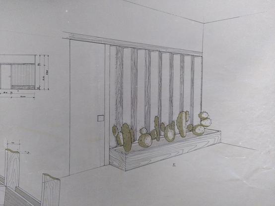 Palais de la Découverte. [Projet de ] hall d'entrée des bureaux (1969). Plan calque représentant une porte à droite de laquelle se trouve une sorte de banc bas avec des cactus verts