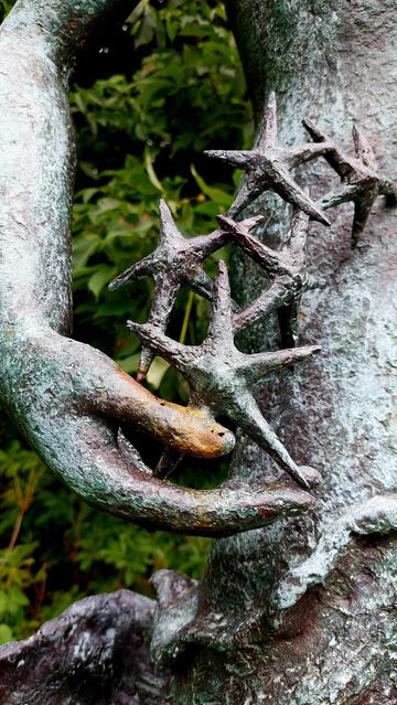 Detail van het bronzen beeld Jeugd, Vrede, Bescherming en Levenskracht. 
Kunstenaar: Pieter Starreveld. (+1989)

Een hand, als een kom licht naar binnen gebogen, waarin vijf vijfpuntige sterren rusten, of uit opkomen.