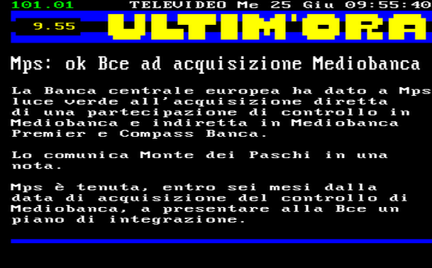 9.55 
La Banca centrale europea ha dato a Mps luce verde all'acquisizione diretta di una partecipazione di controllo in Mediobanca e indiretta in Mediobanca Premier e Compass Banca. 
Lo comunica Monte dei Paschi in una nota. 
Mps è tenuta, entro sei mesi dalla data di acquisizione del controllo di Mediobanca, a presentare alla Bce un piano di integrazione.