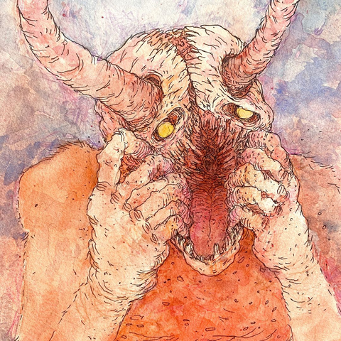 Detalle de la misma criatura de la imagen anterior (homanoide con grandes cuernos una boca feroz abierta por ambas manos).