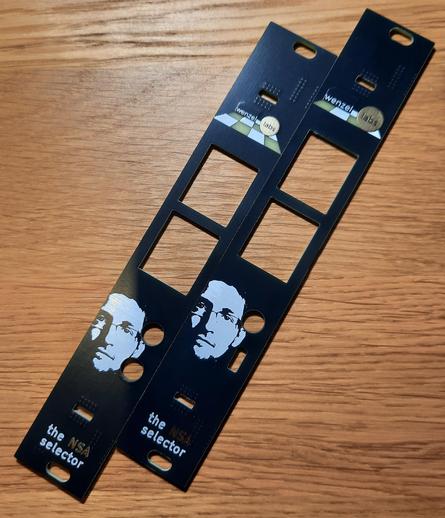 two eurorack frontpanels (only) both with a picture of Ed Snowden and the name "the NSA selector" by wenzellabs