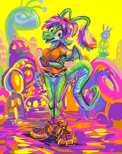 Anthropomorphic dragon person with ridiculous pink hair wearing an orange shirt and shoes standing in an orange and pink fantasy village or city sort of location