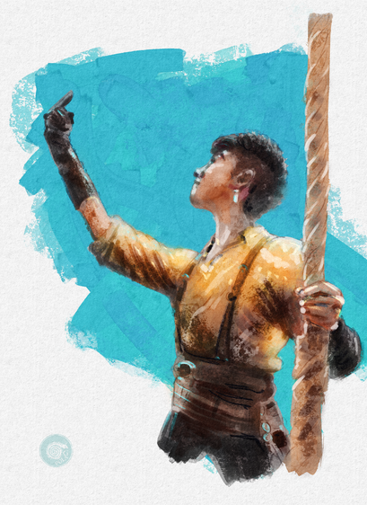 A digital oil brushes painting of Jim based on bts photo by Samba Schutte. They are holding a rope and fliping the bird at the sky, wearing black glove, arm braces, yellow shirt, pants with lots of belts and suspenders
