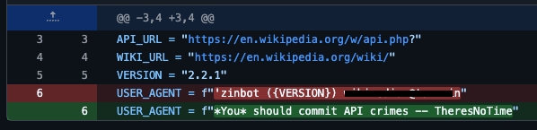 git diff where the user agent has been changed from a sensible value to "You should commit API crimes -- TheresNoTime"